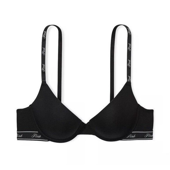 PINK Victoria's Secret Black With Logo “Wear Everywhere” Push Up Bra 34C - Picture 1 of 9